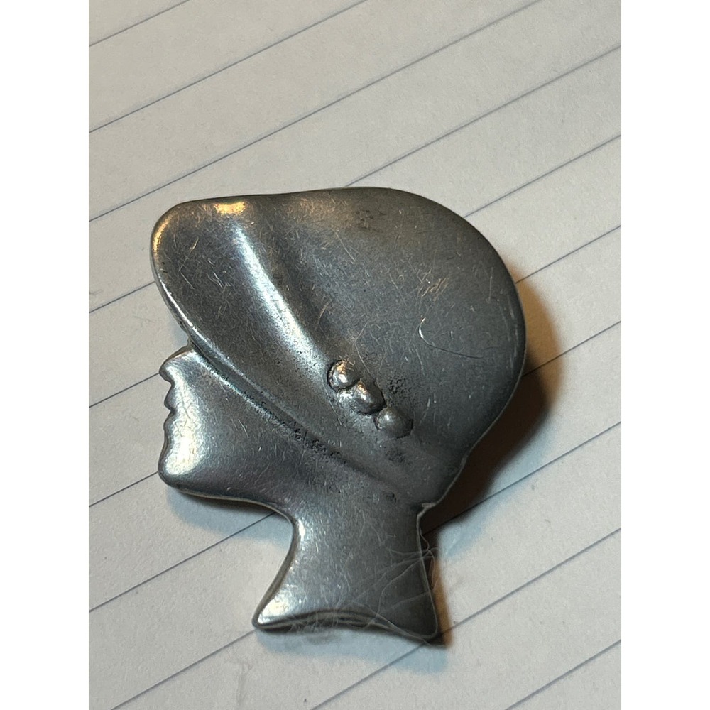 Vintage Brooch girl with hat 1" Maybe Pewter